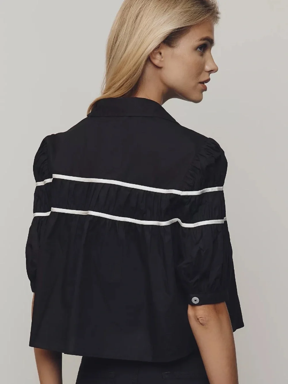 NWT Maeve Leandra Cotton Shirred Yoke Black Button Down Short Sleeve Blouse XXS - Picture 2 of 9